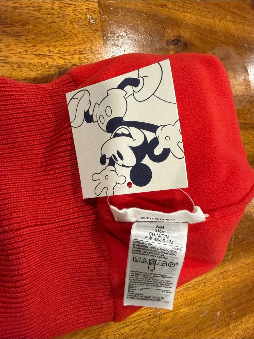 Gap x Disney Red Beanie Hat with Black Mickey & White Accent Pom Pom Ears